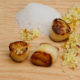 Pan seared scallops, blood orange Brazil nut couscous, ginger coconut milk with Red or White Wine
